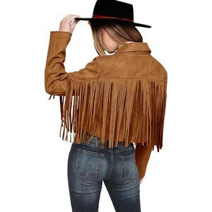 Women's Brown Yellow Faux Suede Leather Tassel Motorcycle Cropped Jackets